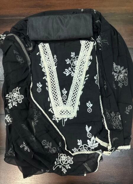 Unstitched Embroidered Suit with White Floral Lace & Dupatta