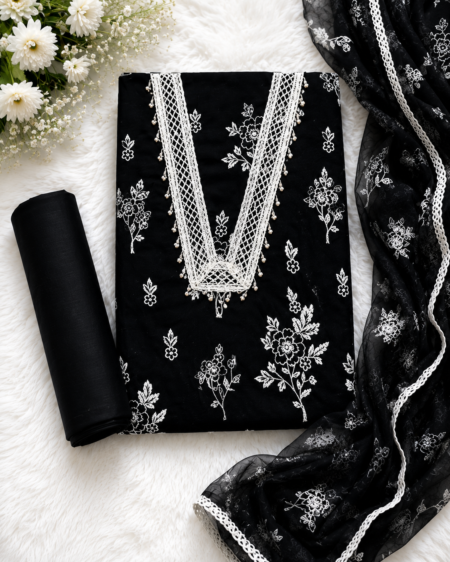 Unstitched Embroidered Suit with White Floral Lace & Dupatta